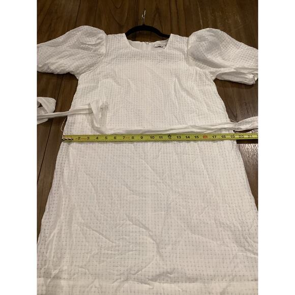 English Factory Check Print Mini Dress Belted Waist Puff Sleeve White Small - Picture 11 of 11